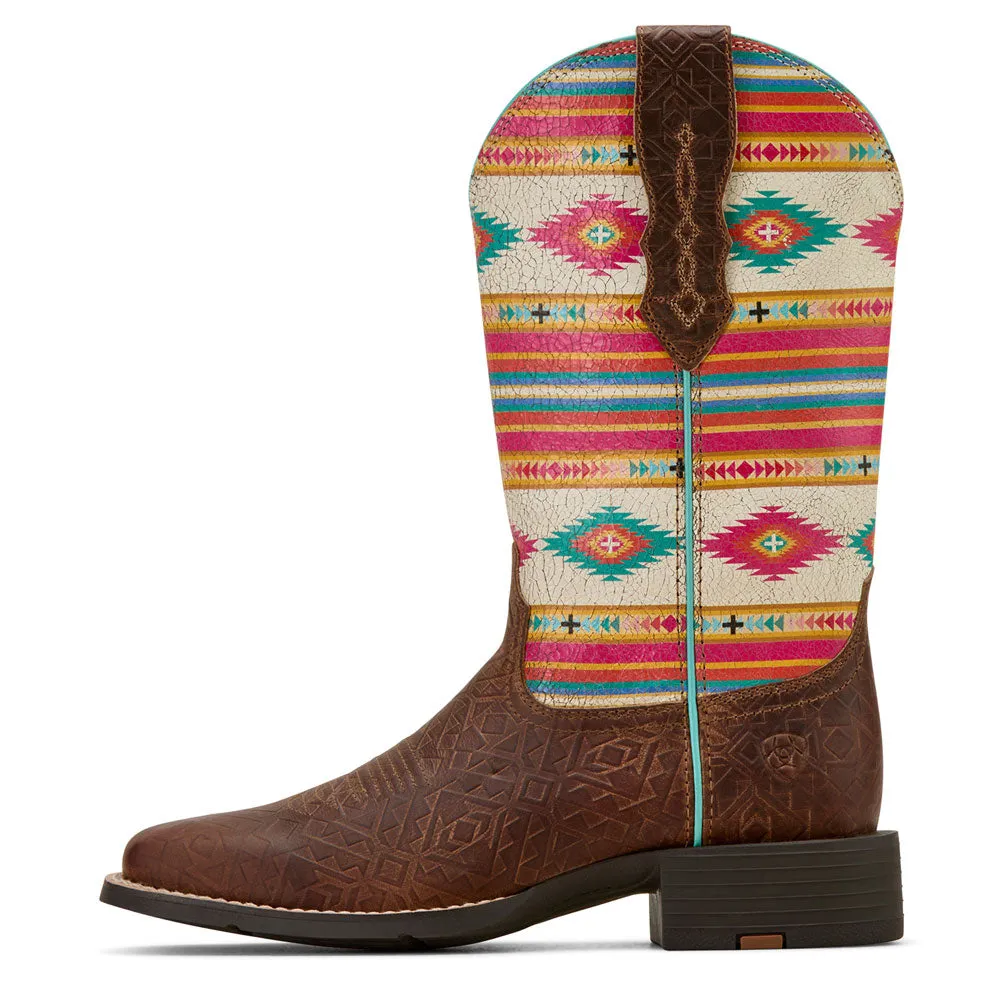 10061221 Ariat Women's Round Up Wide Square Toe StretchFit Western Boot - Tan Southwest Emboss