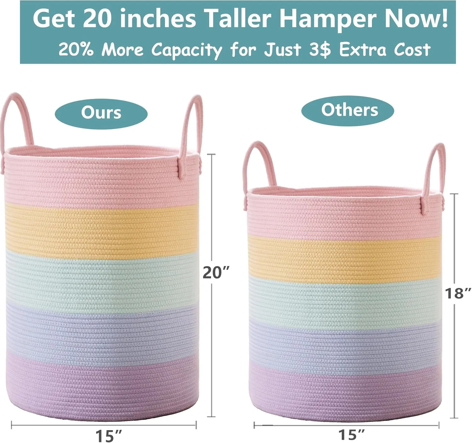 15Dx20H inches Baby Girls Kids Hamper Rainbow Laundry Basket for Nursery Clothes Pastel Unicorn Woven Hamper in Playroom Bedroom 60L Large Tall Blanket Basket for Toy Storage
