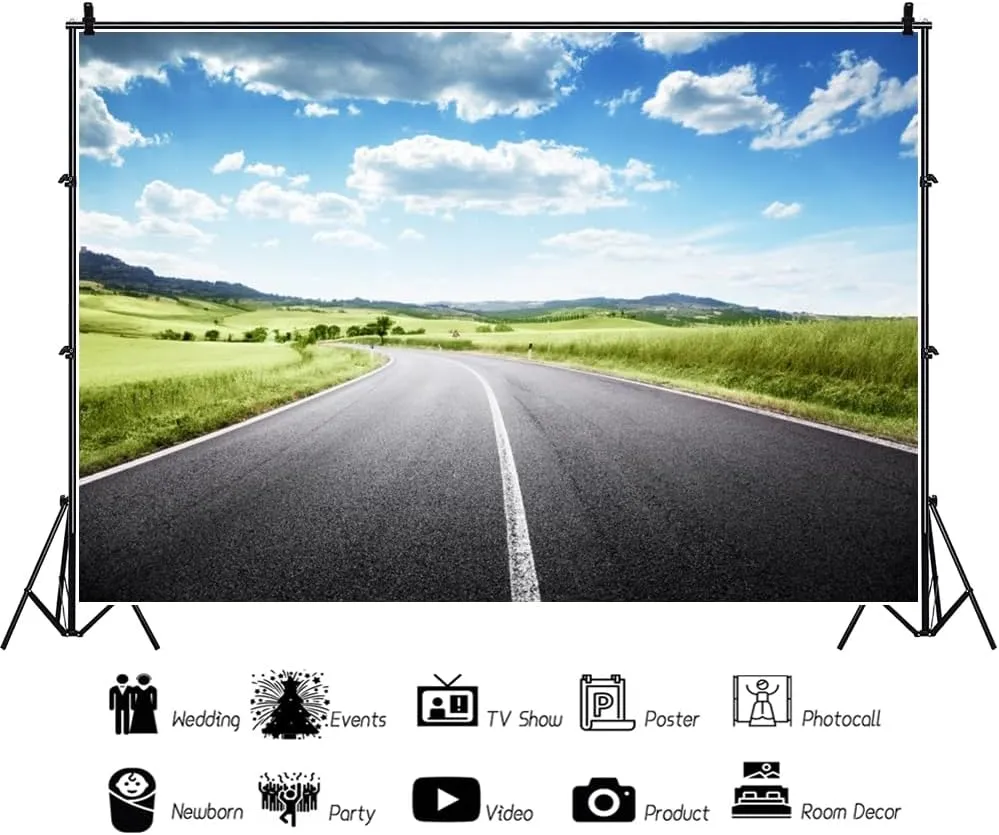 15x8ft Highway Road Backdrop Spring Countryside Road Trip Background for Photography Blue Sky White Clouds Natural Landscape Travel Birthday Party Baby Shower Banner Adult Kid Portrait Props