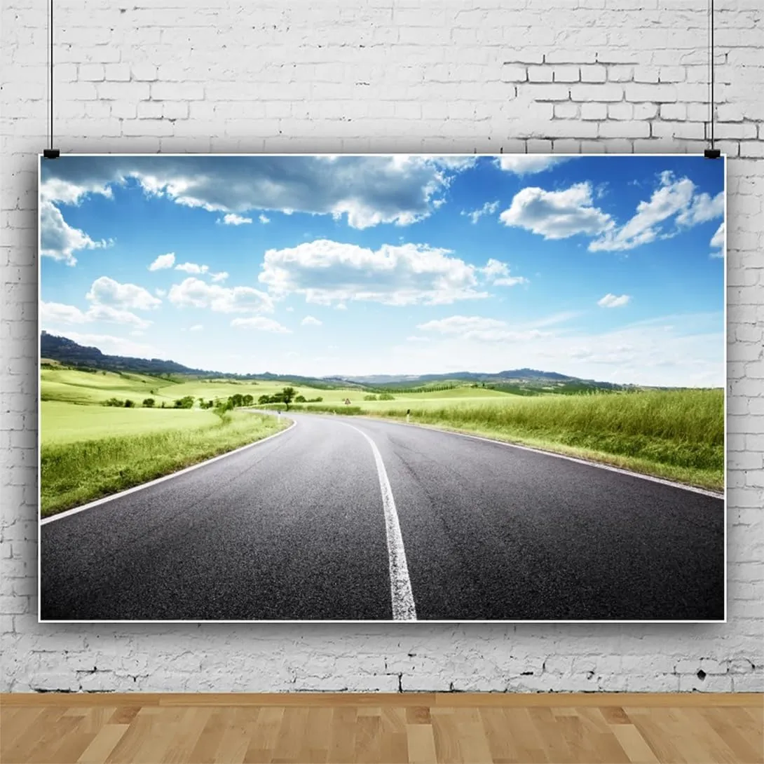 15x8ft Highway Road Backdrop Spring Countryside Road Trip Background for Photography Blue Sky White Clouds Natural Landscape Travel Birthday Party Baby Shower Banner Adult Kid Portrait Props