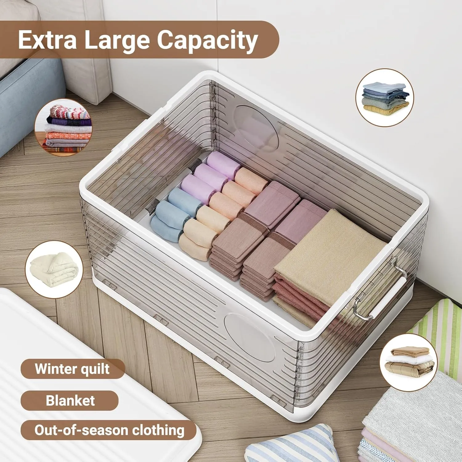160 Qt Extra Large Plastic Stackable Storage Bins with Lids, 40 Gal Clear Collapsible Heavy Duty Tote with Wheels, Closet Organizer and Storage Boxes for Closet Home Office, V12C 3Pack