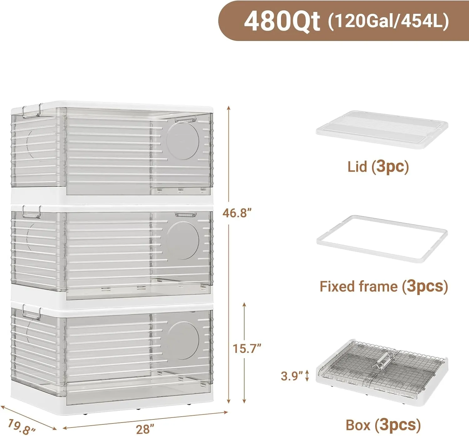 160 Qt Extra Large Plastic Stackable Storage Bins with Lids, 40 Gal Clear Collapsible Heavy Duty Tote with Wheels, Closet Organizer and Storage Boxes for Closet Home Office, V12C 3Pack