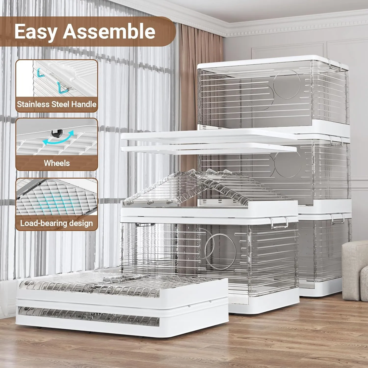 160 Qt Extra Large Plastic Stackable Storage Bins with Lids, 40 Gal Clear Collapsible Heavy Duty Tote with Wheels, Closet Organizer and Storage Boxes for Closet Home Office, V12C 3Pack