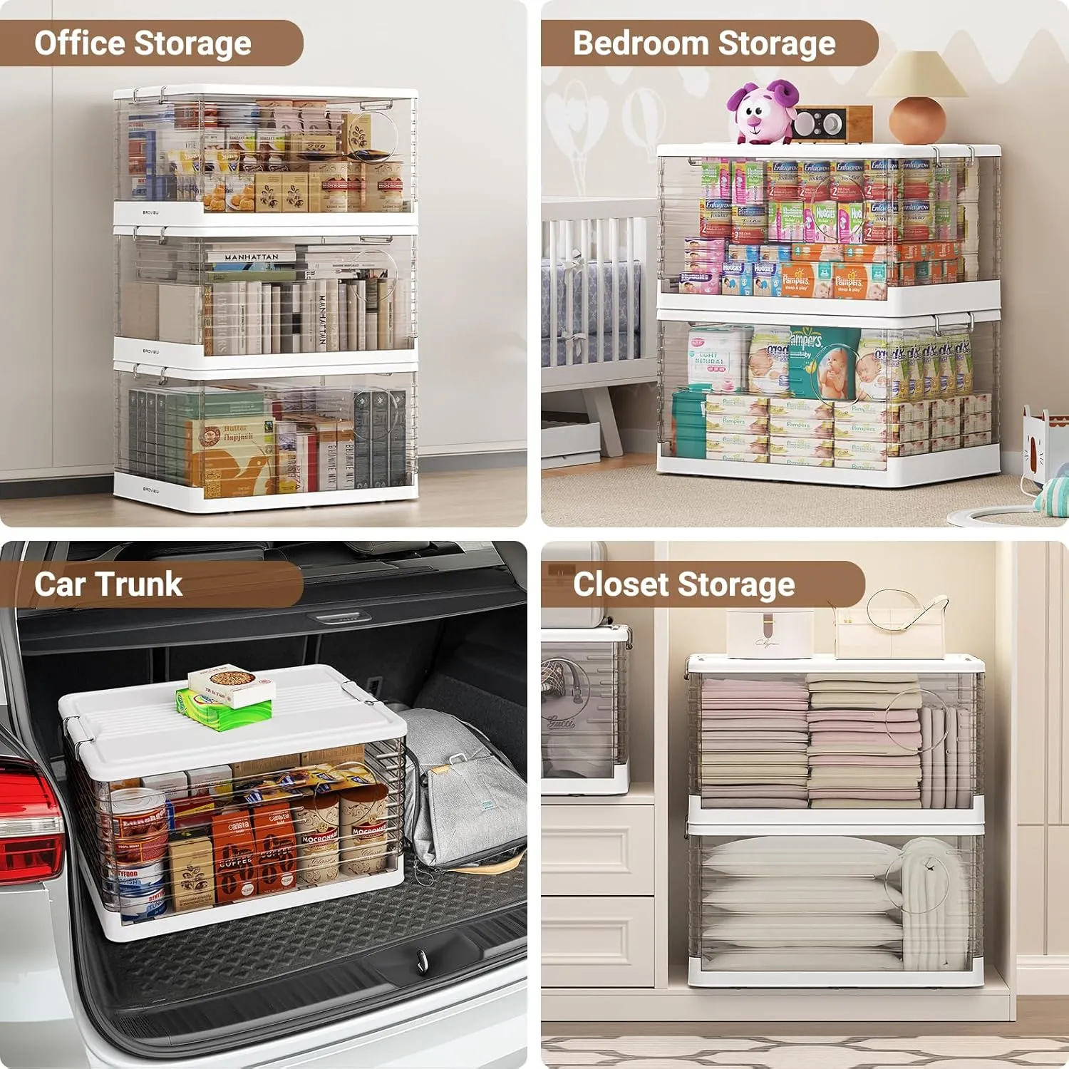 160 Qt Extra Large Plastic Stackable Storage Bins with Lids, 40 Gal Clear Collapsible Heavy Duty Tote with Wheels, Closet Organizer and Storage Boxes for Closet Home Office, V12C 3Pack