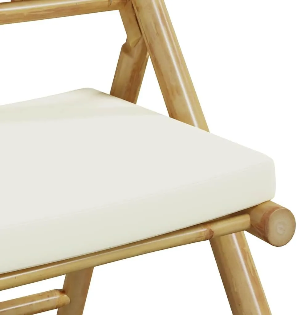 2-Pack Foldable Bamboo Bistro Chairs with Removable Cushions, Patio Outdoor Furniture for Dining, Camping, Reading & Relaxation, Cream White Portable Lounge Chairs