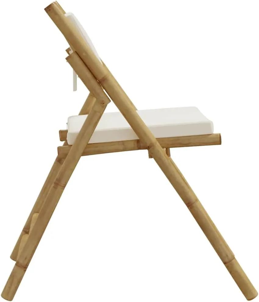 2-Pack Foldable Bamboo Bistro Chairs with Removable Cushions, Patio Outdoor Furniture for Dining, Camping, Reading & Relaxation, Cream White Portable Lounge Chairs