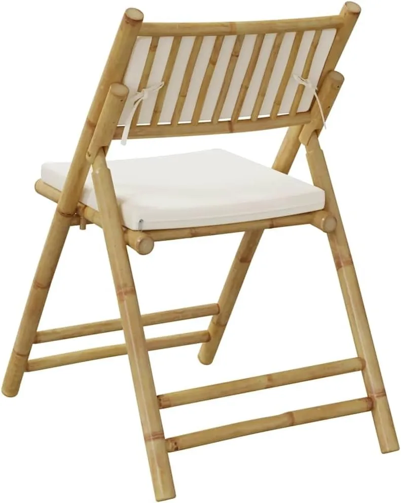 2-Pack Foldable Bamboo Bistro Chairs with Removable Cushions, Patio Outdoor Furniture for Dining, Camping, Reading & Relaxation, Cream White Portable Lounge Chairs