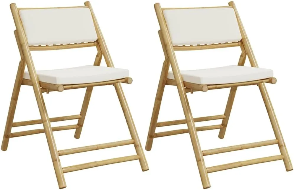 2-Pack Foldable Bamboo Bistro Chairs with Removable Cushions, Patio Outdoor Furniture for Dining, Camping, Reading & Relaxation, Cream White Portable Lounge Chairs