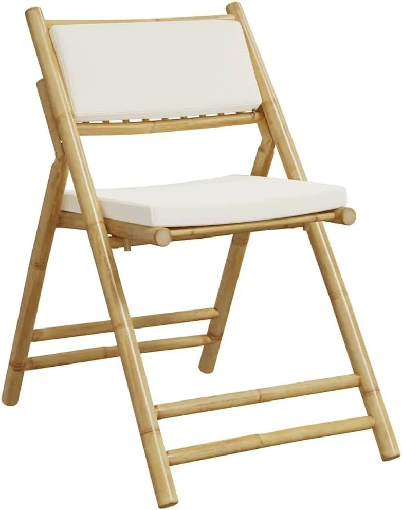 2-Pack Foldable Bamboo Bistro Chairs with Removable Cushions, Patio Outdoor Furniture for Dining, Camping, Reading & Relaxation, Cream White Portable Lounge Chairs