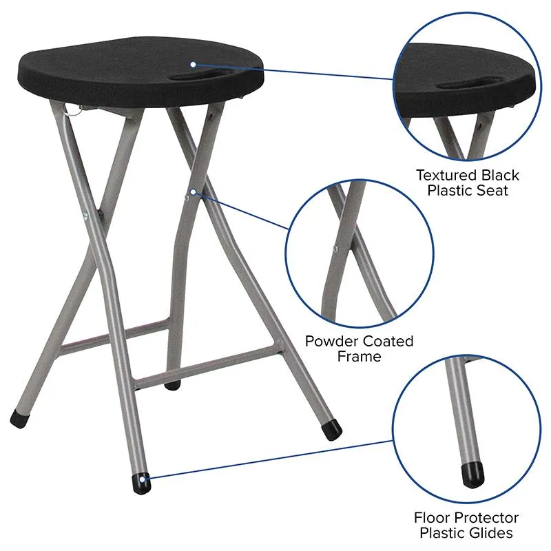 2 Pack Foldable Stool with Black Plastic Seat and Titanium Gray Frame - Flash Furniture