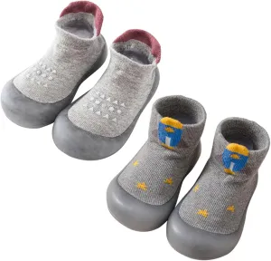 2 Pairs Baby Sock Shoes Boys Girls Non Slip Soft Rubber Sole Sneakers Toddler Infant Slip On Slippers First Walking Shoes