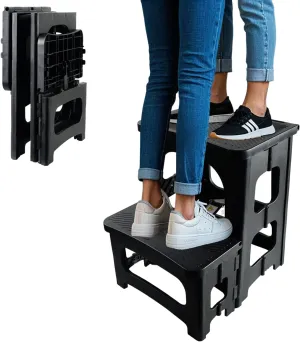 2-Step Folding Stool Ladder,Non-Slip Portable Collapsible Step Stool for Kitchen Bathroom Home RV Closet Office, 16.5" Heights, Holds 300 lbs,Foldable Lightweight Design only 4.6Ibs (Black)