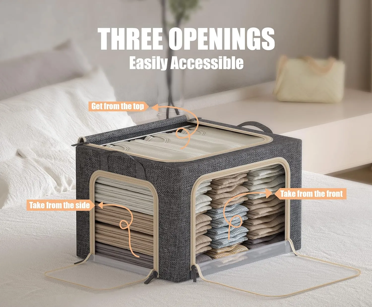 3 Opeings Large Clothes Storage Bins with Metal Frame, Foldable Storage Bin for Clothes, Clothing Storage Bins with Lid, Linen Storage Box With Clear Window＆ Zippers＆ Handles.(3 Pcs,Dark Grey,66L)