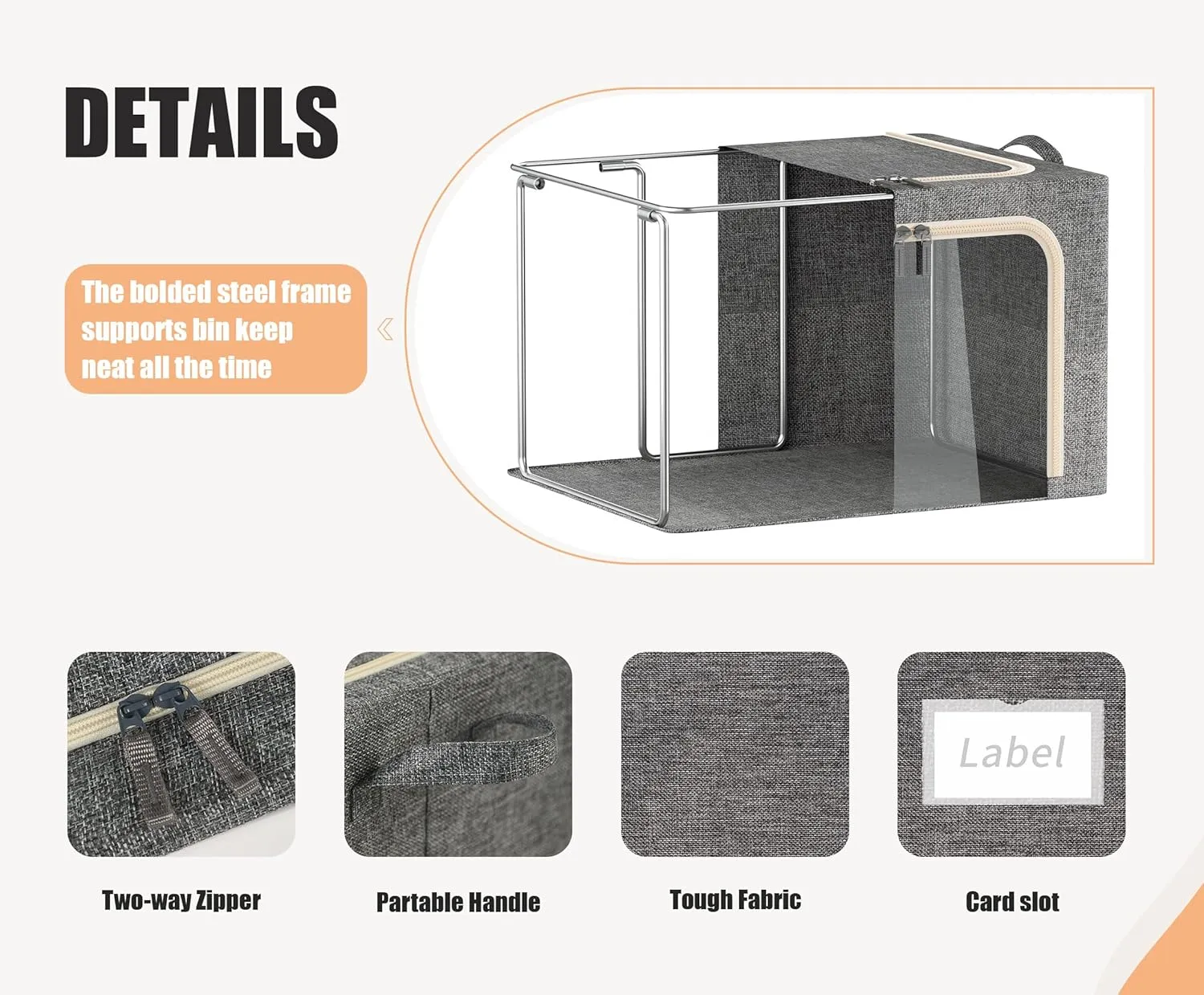3 Opeings Large Clothes Storage Bins with Metal Frame, Foldable Storage Bin for Clothes, Clothing Storage Bins with Lid, Linen Storage Box With Clear Window＆ Zippers＆ Handles.(3 Pcs,Dark Grey,66L)