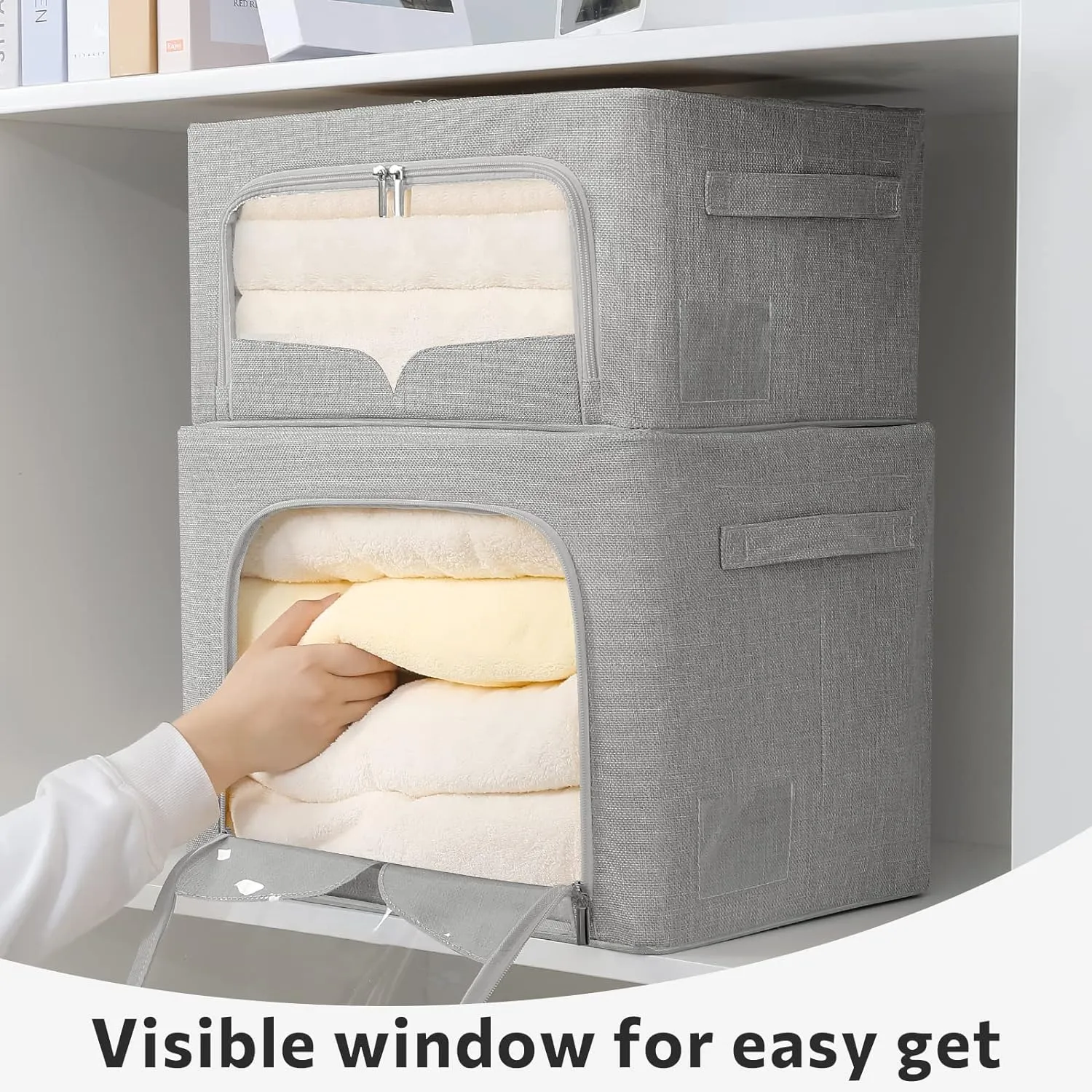 3 Pack Clothes Storage Bins Foldable Metal Frame Storage Box Stackable Linen Fabric Organizer Set with Carrying Handles and Clear Window (Light Gray, 15.7x11.8x7.8inch(22L))