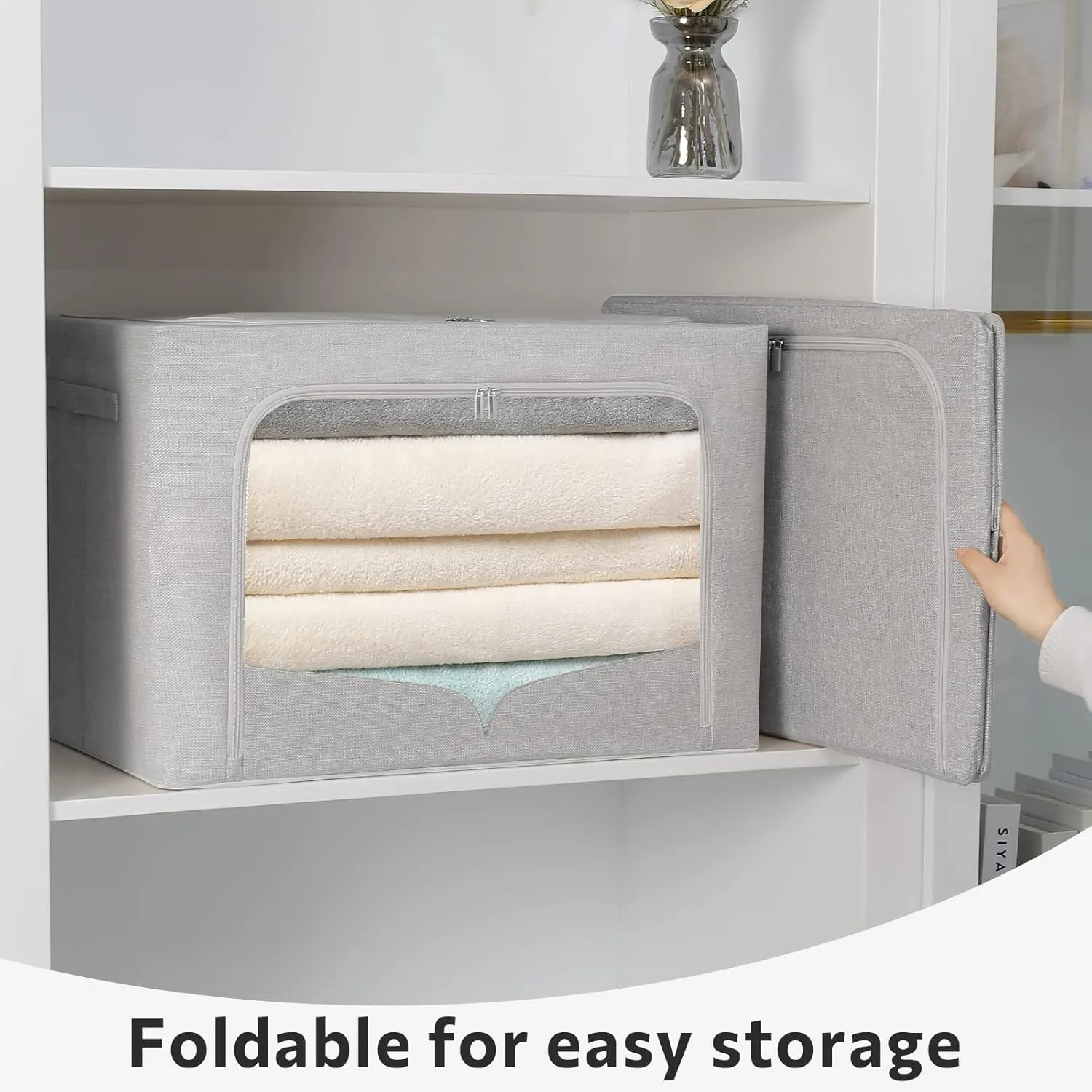 3 Pack Clothes Storage Bins Foldable Metal Frame Storage Box Stackable Linen Fabric Organizer Set with Carrying Handles and Clear Window (Light Gray, 15.7x11.8x7.8inch(22L))