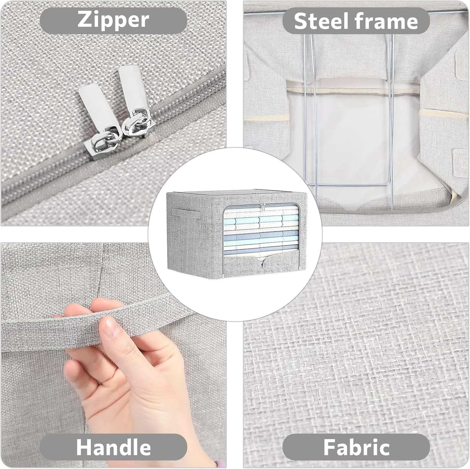 3 Pack Clothes Storage Bins Foldable Metal Frame Storage Box Stackable Linen Fabric Organizer Set with Carrying Handles and Clear Window (Light Gray, 15.7x11.8x7.8inch(22L))