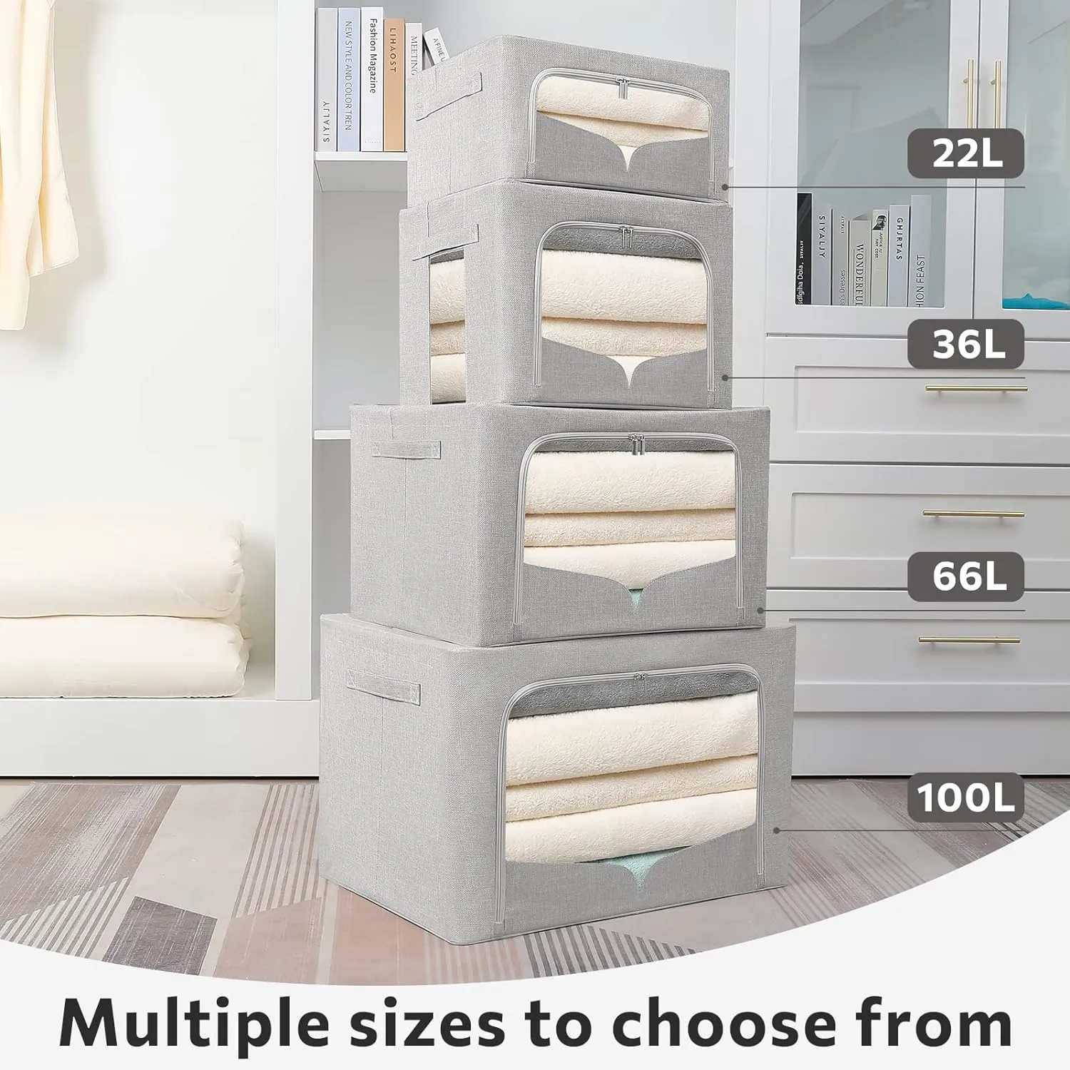 3 Pack Clothes Storage Bins Foldable Metal Frame Storage Box Stackable Linen Fabric Organizer Set with Carrying Handles and Clear Window (Light Gray, 15.7x11.8x7.8inch(22L))