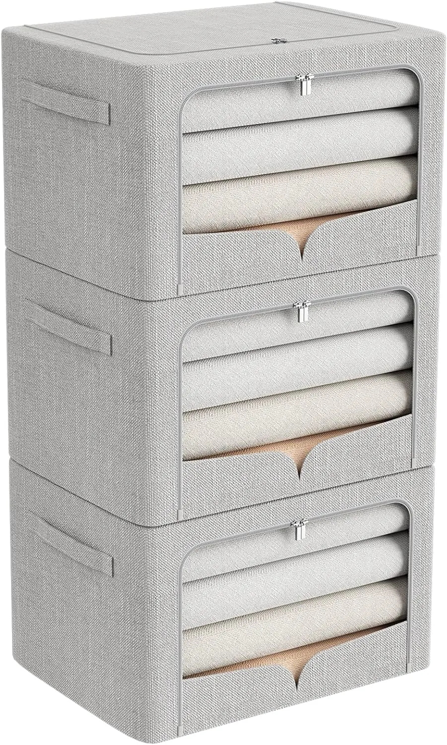 3 Pack Clothes Storage Bins Foldable Metal Frame Storage Box Stackable Linen Fabric Organizer Set with Carrying Handles and Clear Window (Light Gray, 15.7x11.8x7.8inch(22L))