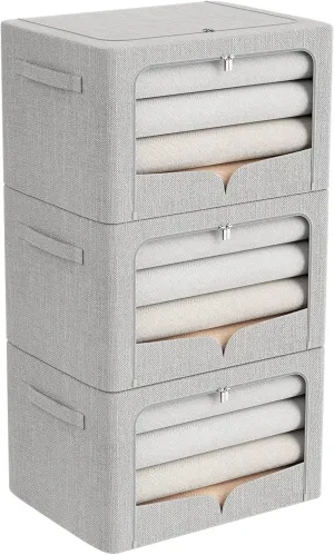 3 Pack Clothes Storage Bins Foldable Metal Frame Storage Box Stackable Linen Fabric Organizer Set with Carrying Handles and Clear Window (Light Gray, 15.7x11.8x7.8inch(22L))
