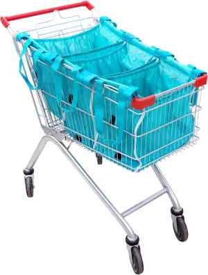 3-Pack Reusable Shopping Bags – Grocery Organizers with Universal Cart Clips, Pockets, and Foldable- Patent Blk