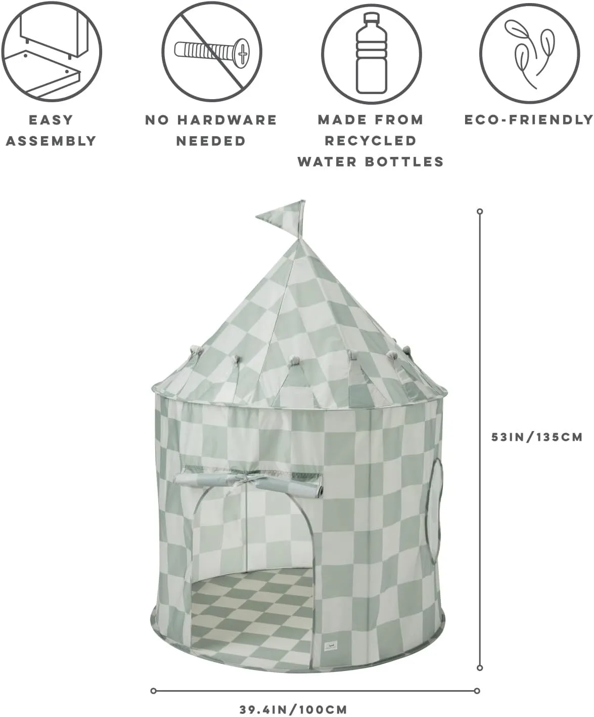 3 Sprouts Kids Play Tent - Sustainable Recycled Fabric – Fun Spacious Childs Playhouse for Indoor Games for Boys & Girls - Durable Fort Pop Up House for Toddlers & Children Age 3-10 - Checkered Green