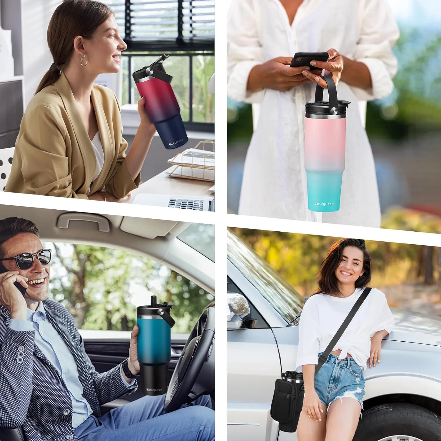 30 oz Coffee Tumbler with Straw - Flip Lid & Carrier Bag Strap, Silicon Bottom Boot, Insulated Tumblers Water Bottles Fit Car Holder, Stainless Steel Travel Cups Mug for Travel Work