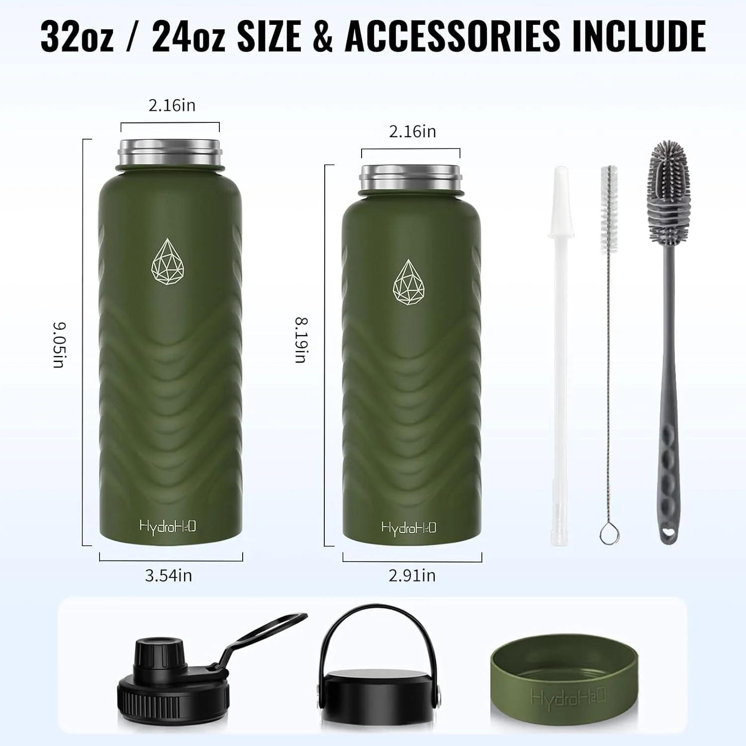 32oz Stainless Steel Insulated Water Bottle, 48H Ice Cold & 24H Hot, Leak-Proof Wide Mouth Lids (Straw & Spout), BPA-Free Bottles, Mens Water Bottle for Gym, Hiking, Travel - Green