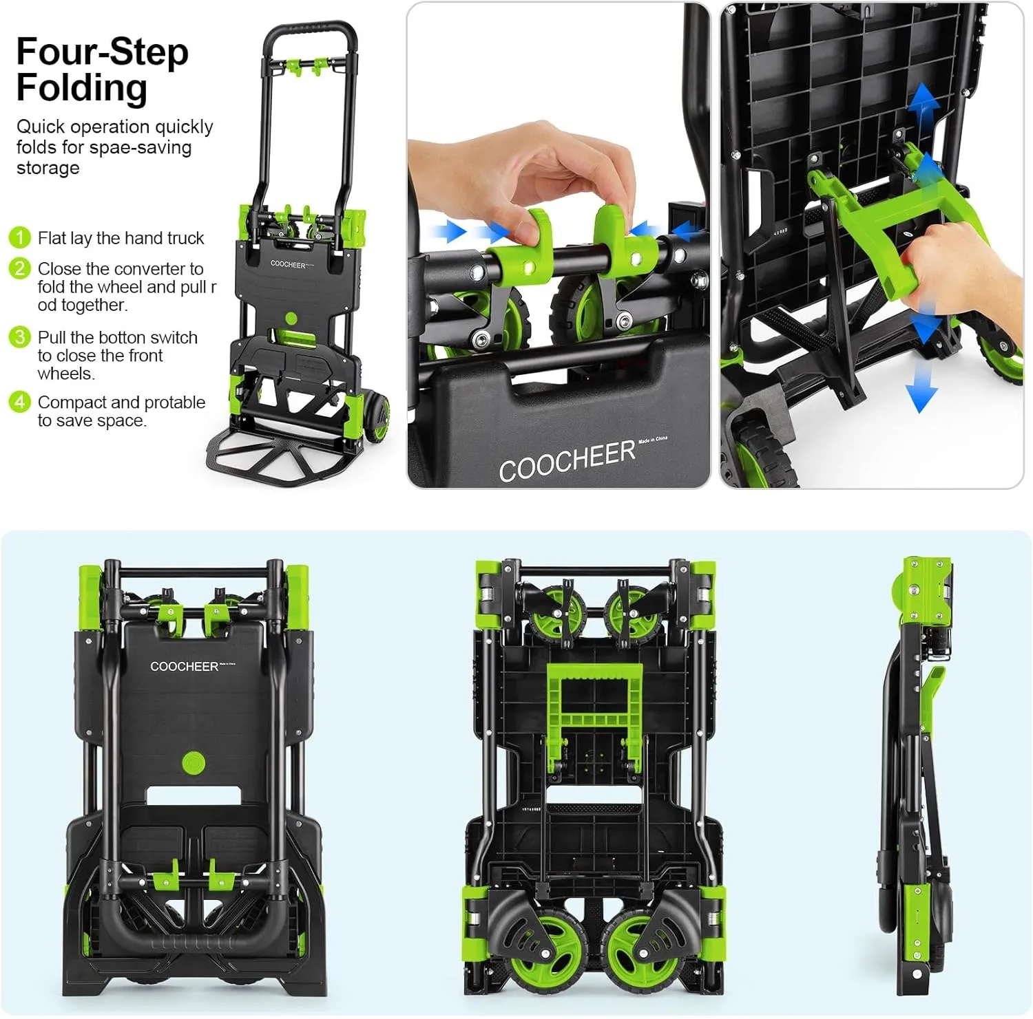 330LB Folding Hand Truck Heavy Duty Carrying, Combination of Four Wheels and Two Wheels Convertible Dolly Cart with Retractable Handle Dolly for Moving Office Carts(Green)