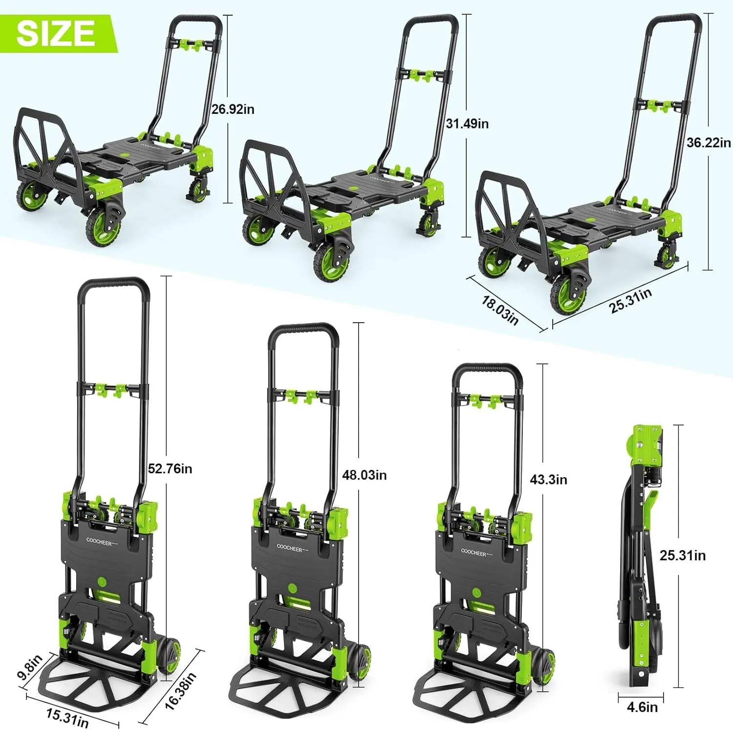 330LB Folding Hand Truck Heavy Duty Carrying, Combination of Four Wheels and Two Wheels Convertible Dolly Cart with Retractable Handle Dolly for Moving Office Carts(Green)