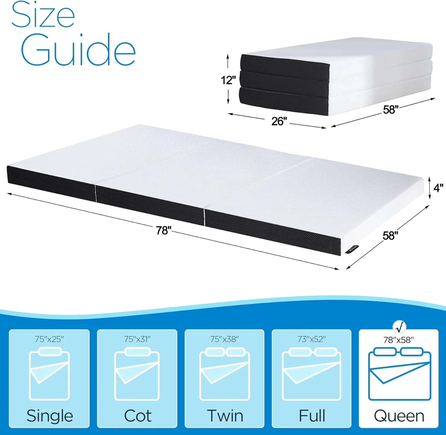 4-inch Queen Size Tri-Fold Memory Foam Mattress, Foldable for Indoor, RV/Camper Van, Travel, Camping, and Guest Rooms, with Breathable Cover & Non-Slip Bottom, 78x58x4 inches