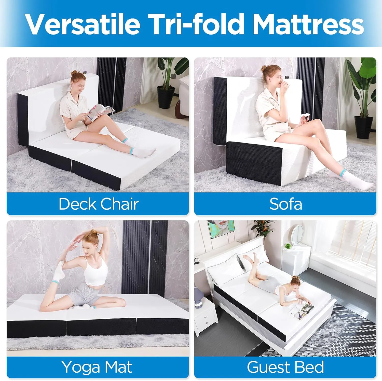 4-inch Queen Size Tri-Fold Memory Foam Mattress, Foldable for Indoor, RV/Camper Van, Travel, Camping, and Guest Rooms, with Breathable Cover & Non-Slip Bottom, 78x58x4 inches