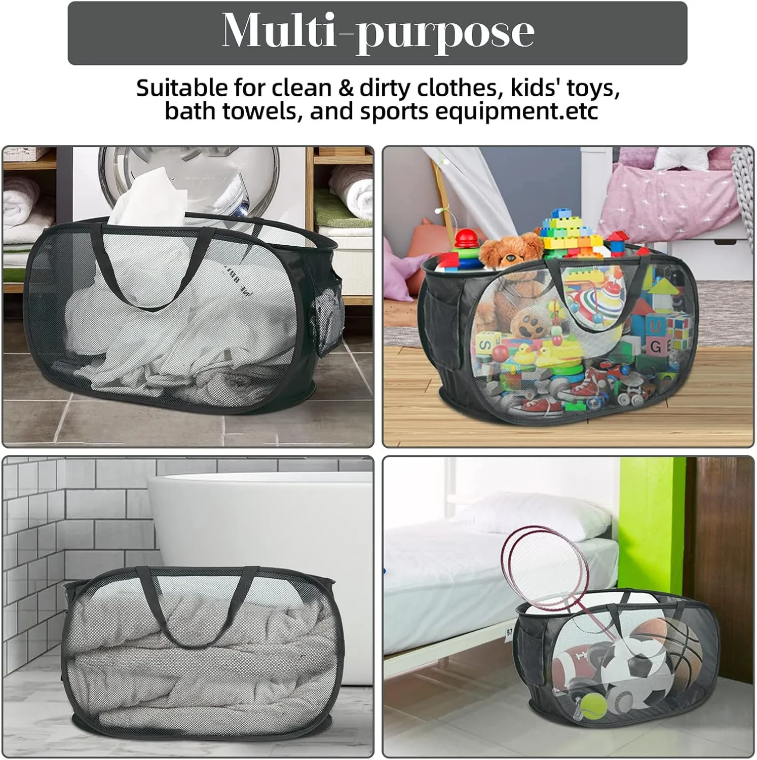 4 Pack Collapsible Laundry Baskets, Foldable Laundry Basket with Pocket, Durable Pop Up Hampers, Reinforced Handles Dirty Clothes Hamper for Laundry, Bedroom, Bathroom, Dorm, Travel or Camping Black