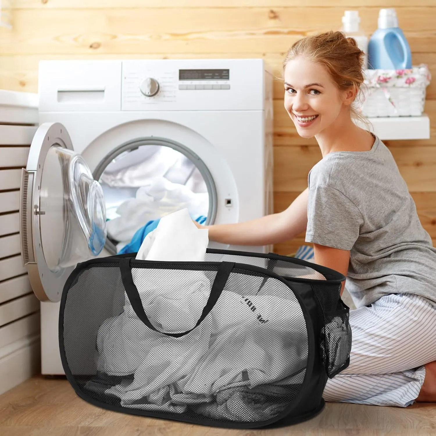 4 Pack Collapsible Laundry Baskets, Foldable Laundry Basket with Pocket, Durable Pop Up Hampers, Reinforced Handles Dirty Clothes Hamper for Laundry, Bedroom, Bathroom, Dorm, Travel or Camping Black