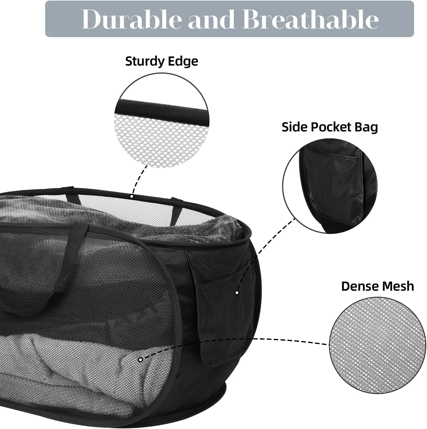 4 Pack Collapsible Laundry Baskets, Foldable Laundry Basket with Pocket, Durable Pop Up Hampers, Reinforced Handles Dirty Clothes Hamper for Laundry, Bedroom, Bathroom, Dorm, Travel or Camping Black