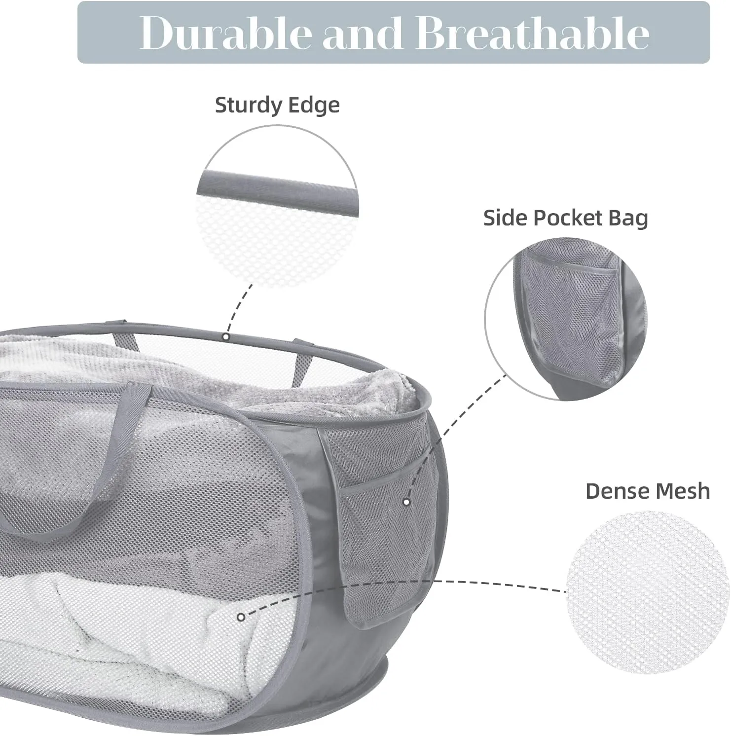 4 Pack Collapsible Laundry Baskets, Foldable Laundry Basket with Pocket, Durable Pop Up Hampers, Reinforced Handles Dirty Clothes Hamper for Laundry, Bedroom, Bathroom, Dorm, Travel or Camping Grey