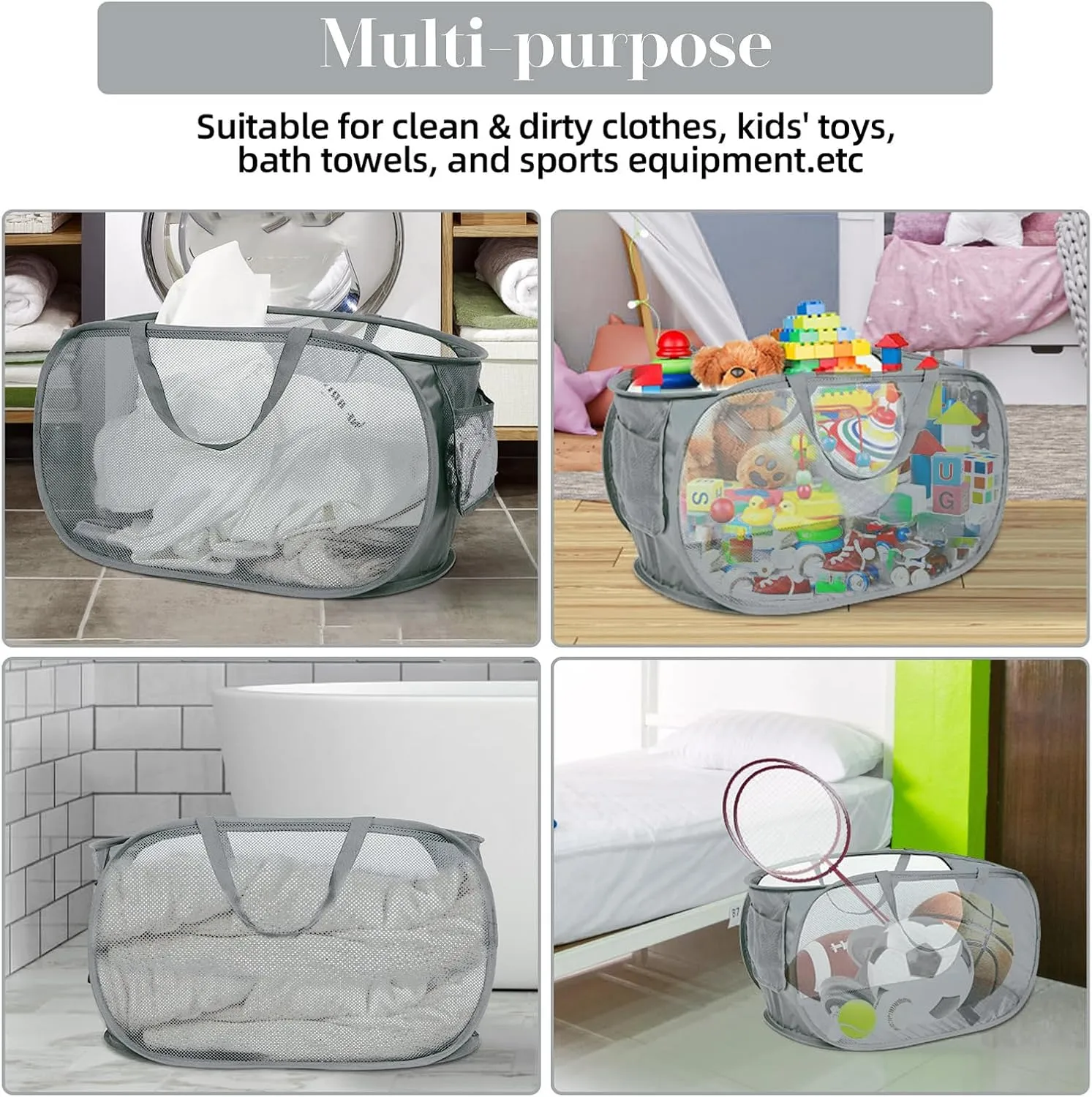 4 Pack Collapsible Laundry Baskets, Foldable Laundry Basket with Pocket, Durable Pop Up Hampers, Reinforced Handles Dirty Clothes Hamper for Laundry, Bedroom, Bathroom, Dorm, Travel or Camping Grey