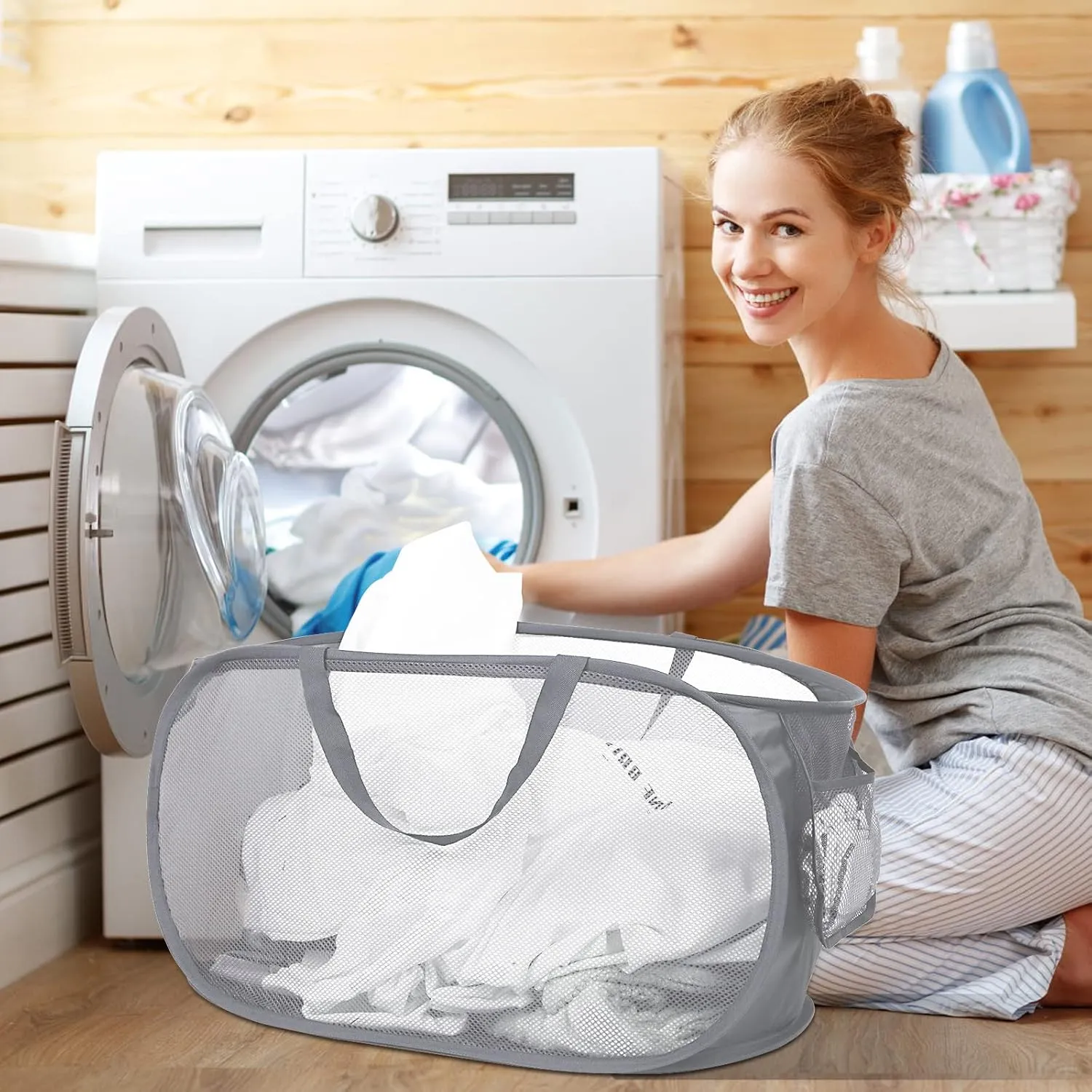 4 Pack Collapsible Laundry Baskets, Foldable Laundry Basket with Pocket, Durable Pop Up Hampers, Reinforced Handles Dirty Clothes Hamper for Laundry, Bedroom, Bathroom, Dorm, Travel or Camping Grey