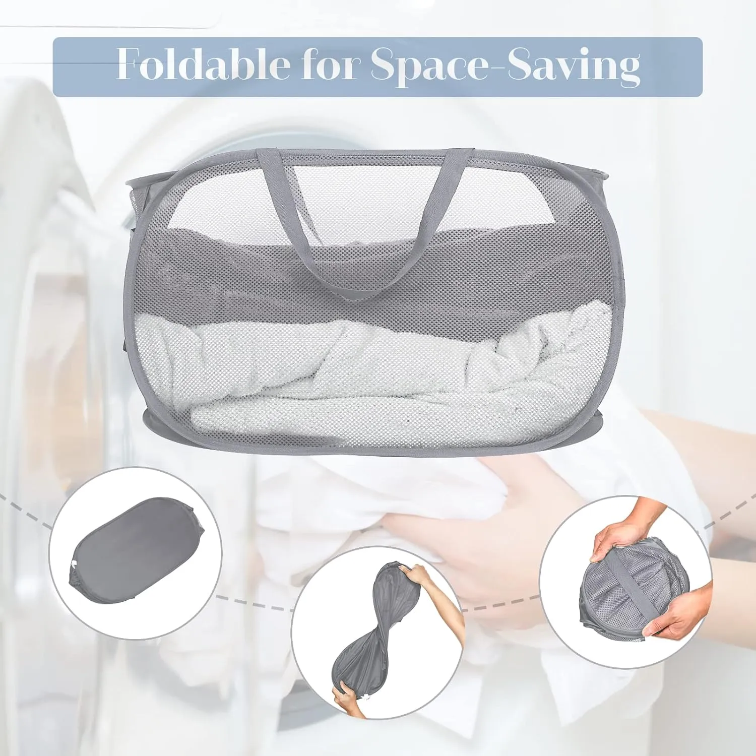 4 Pack Collapsible Laundry Baskets, Foldable Laundry Basket with Pocket, Durable Pop Up Hampers, Reinforced Handles Dirty Clothes Hamper for Laundry, Bedroom, Bathroom, Dorm, Travel or Camping Grey