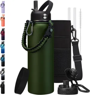 40 oz Canteen Water Bottle with Strap Tactical Insulated Jug Hot Cold Stainless Steel Military Metal Hydro Ideal for Men Hunting Survival Hiking Camping Wide Mouth 100% Leak Proof
