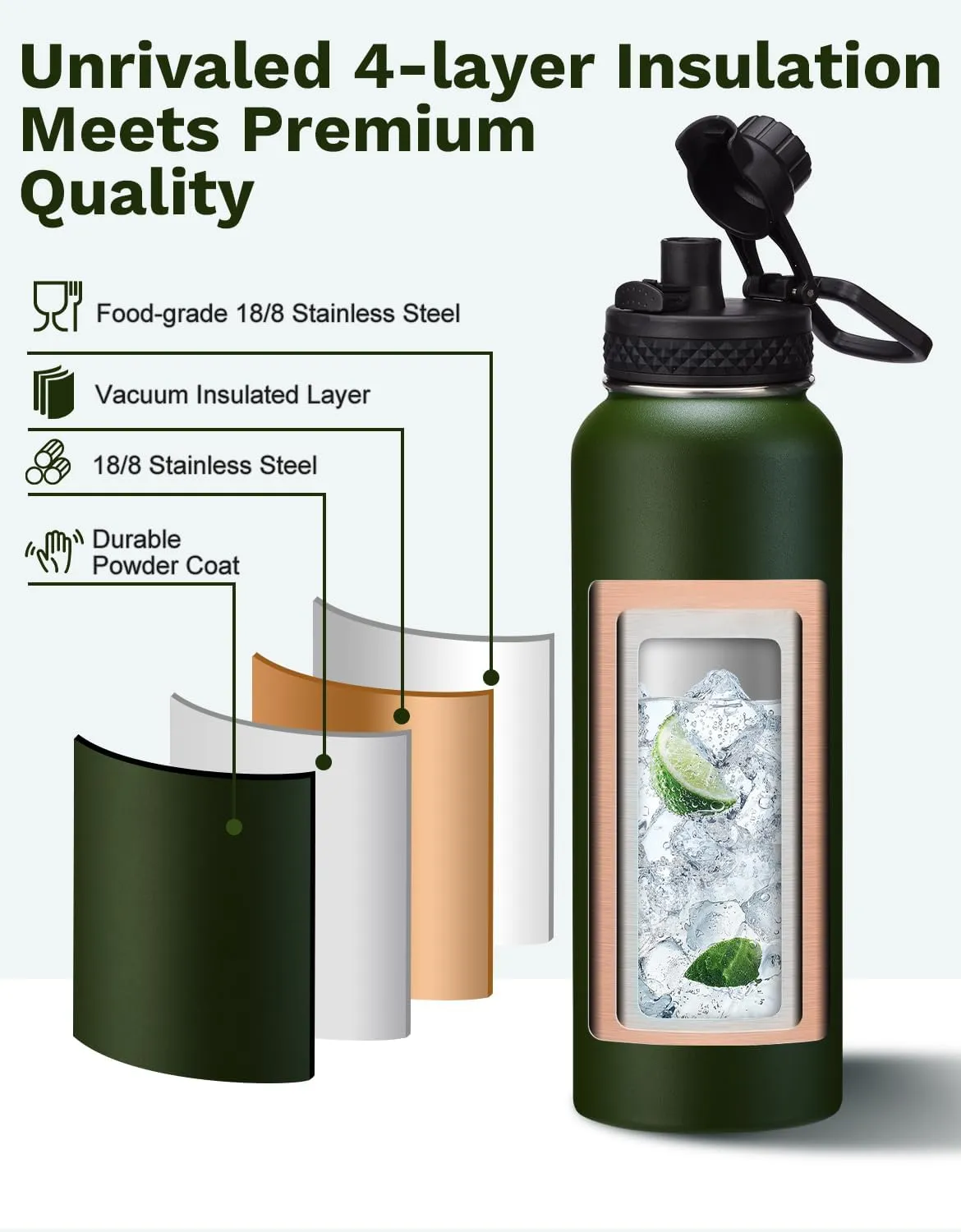 40 oz Canteen Water Bottle with Strap Tactical Insulated Jug Hot Cold Stainless Steel Military Metal Hydro Ideal for Men Hunting Survival Hiking Camping Wide Mouth 100% Leak Proof
