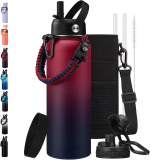 40 oz Insulated Water Bottle - w/Straw Spout Lids, Paracord Handle, Silicone Boot, Metal Flask Water Bottle Carrier with Strap, Leak Proof Stainless Steel Keep Cold 48h & Hot 24h