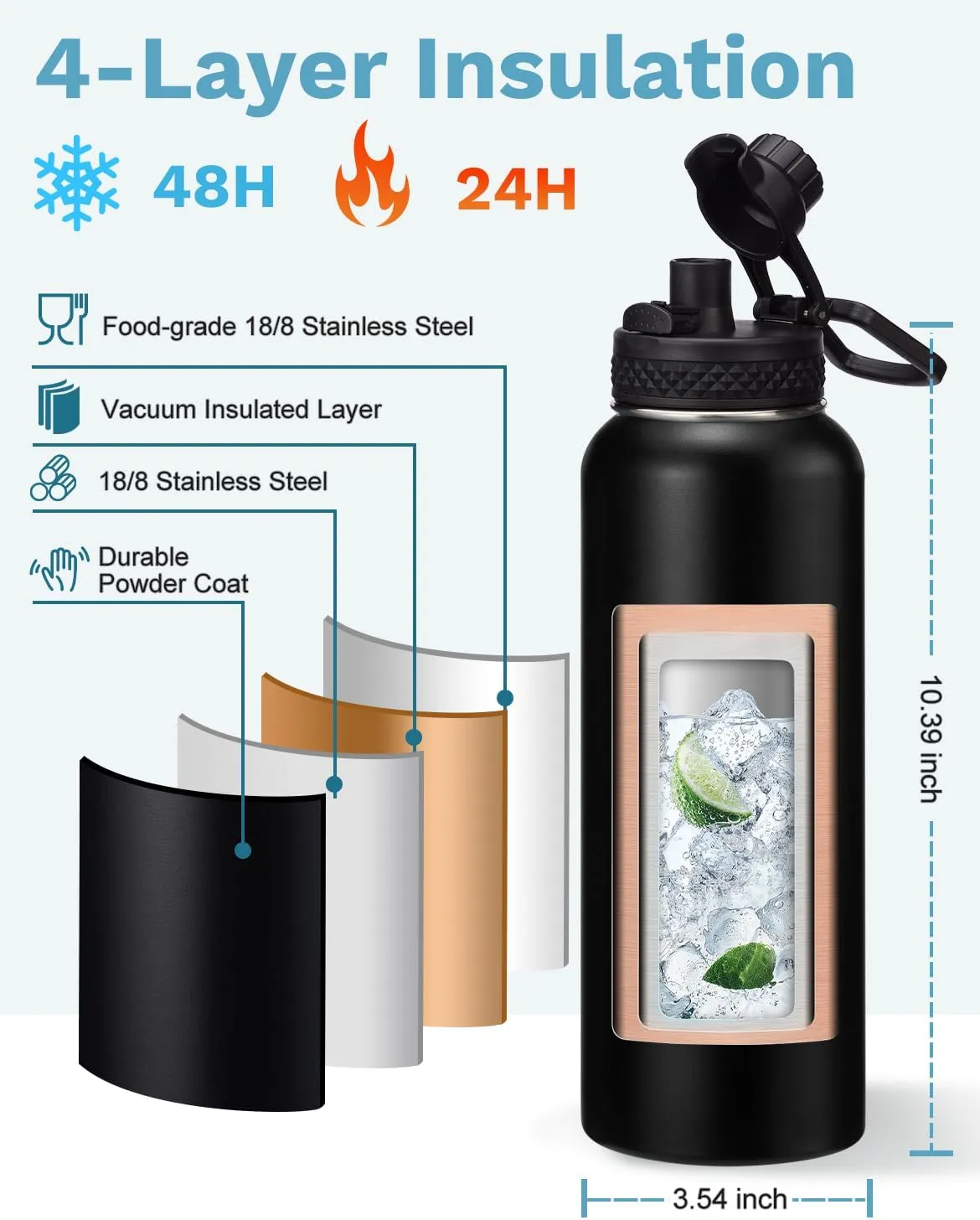 40 oz Insulated Water Bottle - w/Straw Spout Lids, Paracord Handle, Silicone Boot, Metal Flask Water Bottle Carrier with Strap, Leak Proof Stainless Steel Keep Cold 48h & Hot 24h