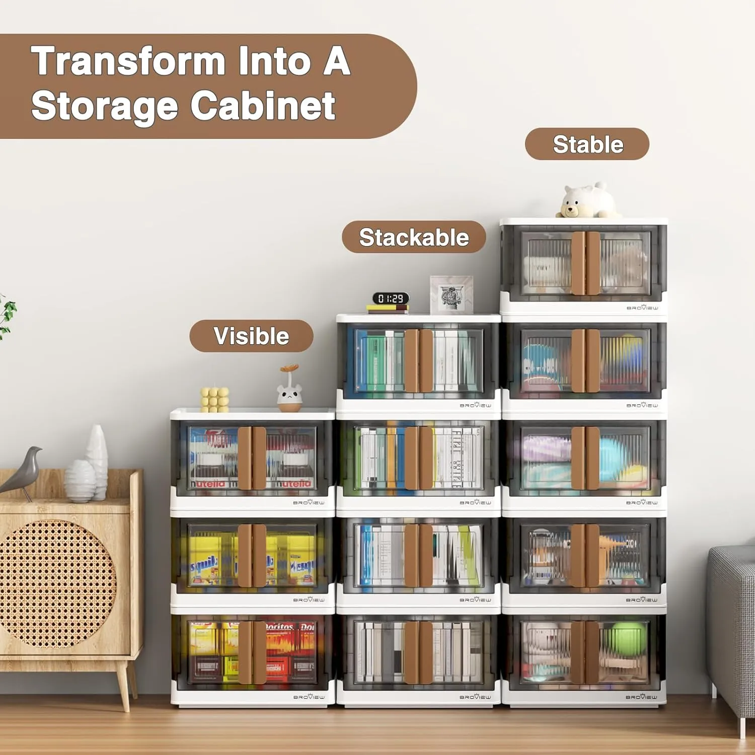 4Pack 176QT Total Plastic Storage Bins With Lids, 44Gal Total Stackable Containers With Wheels, Folding Closet Organizers, Collapsible Cabinet with Doors for Closet Home Dorm, V6 Brown