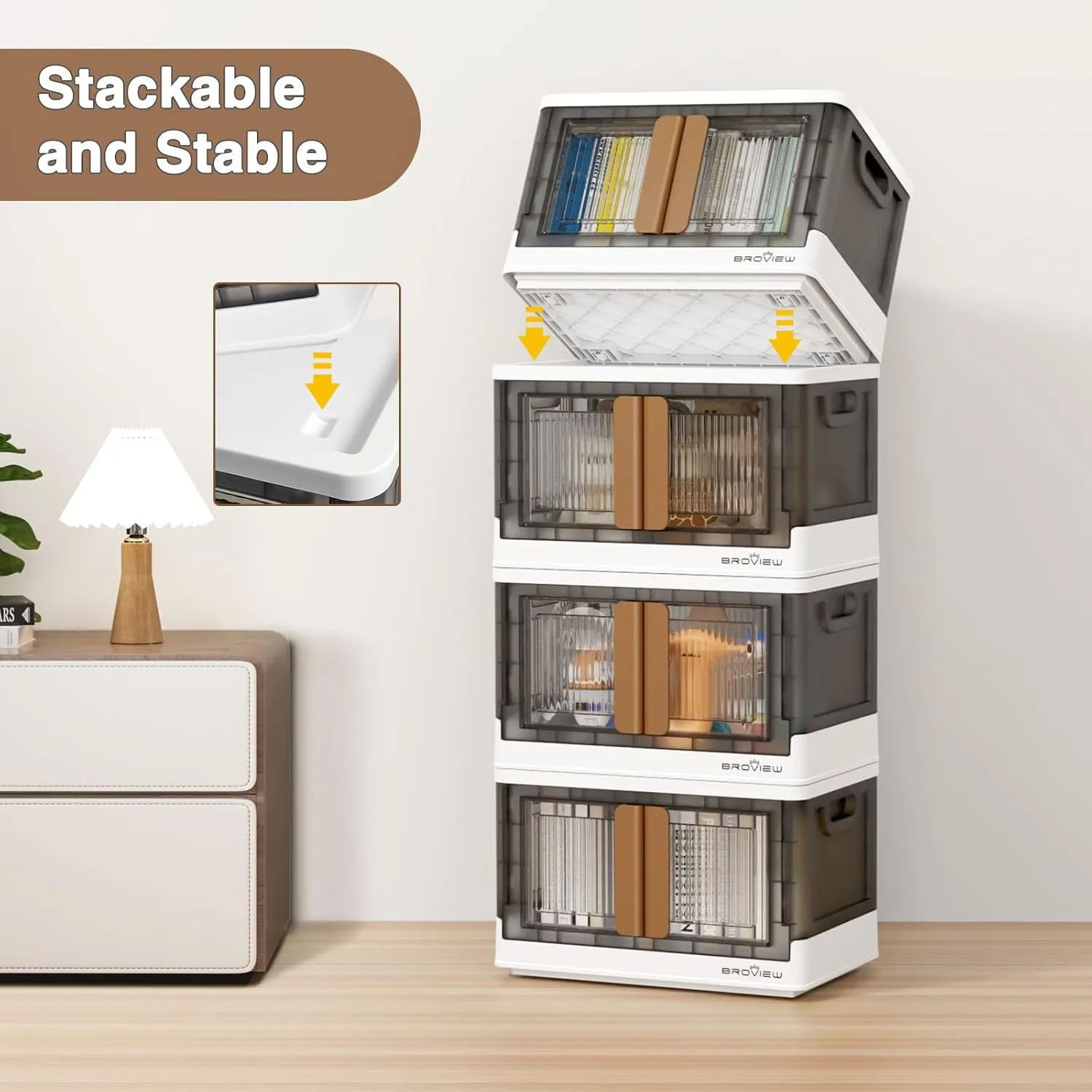 4Pack 176QT Total Plastic Storage Bins With Lids, 44Gal Total Stackable Containers With Wheels, Folding Closet Organizers, Collapsible Cabinet with Doors for Closet Home Dorm, V6 Brown