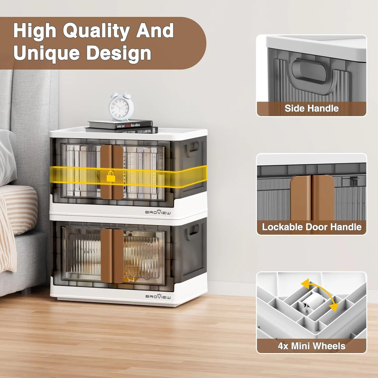 4Pack 176QT Total Plastic Storage Bins With Lids, 44Gal Total Stackable Containers With Wheels, Folding Closet Organizers, Collapsible Cabinet with Doors for Closet Home Dorm, V6 Brown