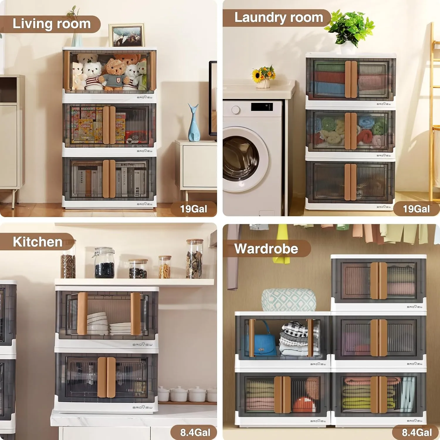 4Pack 176QT Total Plastic Storage Bins With Lids, 44Gal Total Stackable Containers With Wheels, Folding Closet Organizers, Collapsible Cabinet with Doors for Closet Home Dorm, V6 Brown