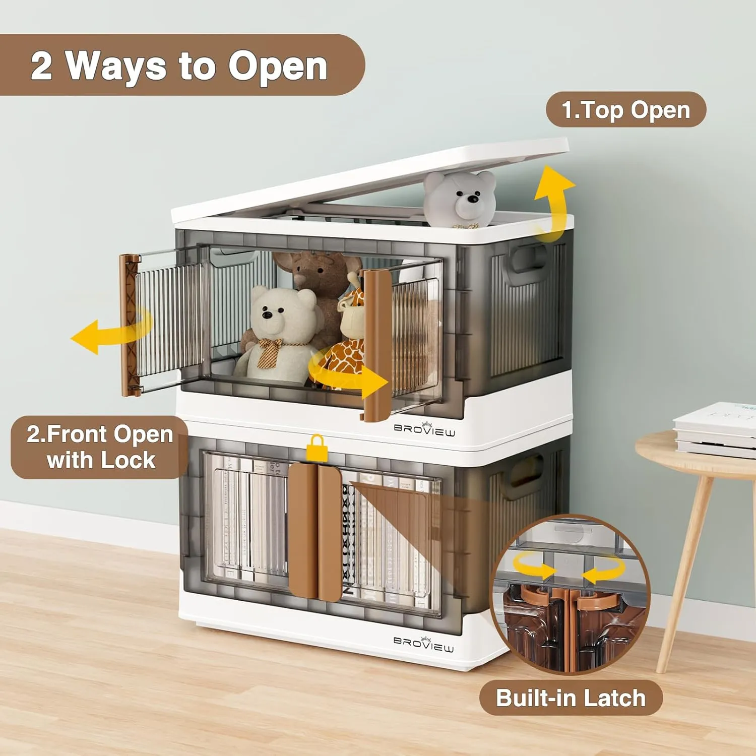 4Pack 176QT Total Plastic Storage Bins With Lids, 44Gal Total Stackable Containers With Wheels, Folding Closet Organizers, Collapsible Cabinet with Doors for Closet Home Dorm, V6 Brown