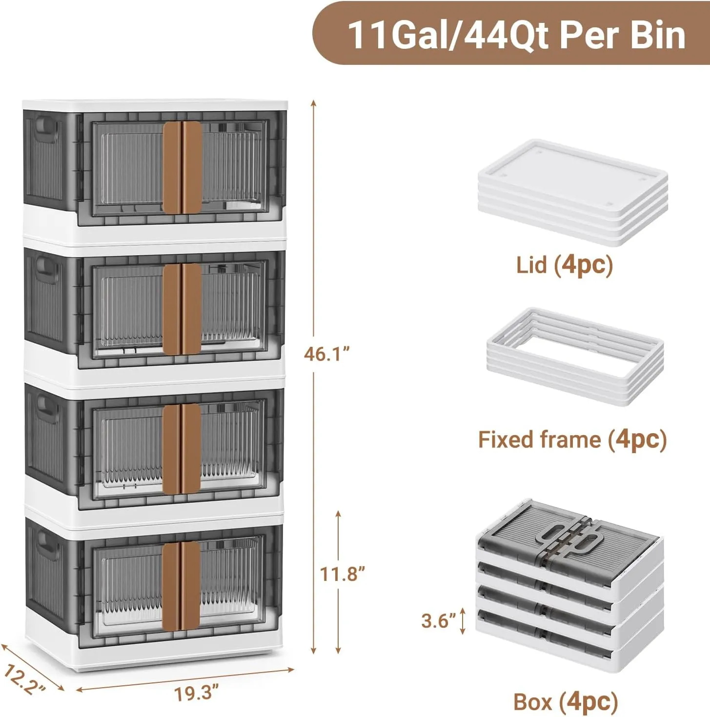 4Pack 176QT Total Plastic Storage Bins With Lids, 44Gal Total Stackable Containers With Wheels, Folding Closet Organizers, Collapsible Cabinet with Doors for Closet Home Dorm, V6 Brown