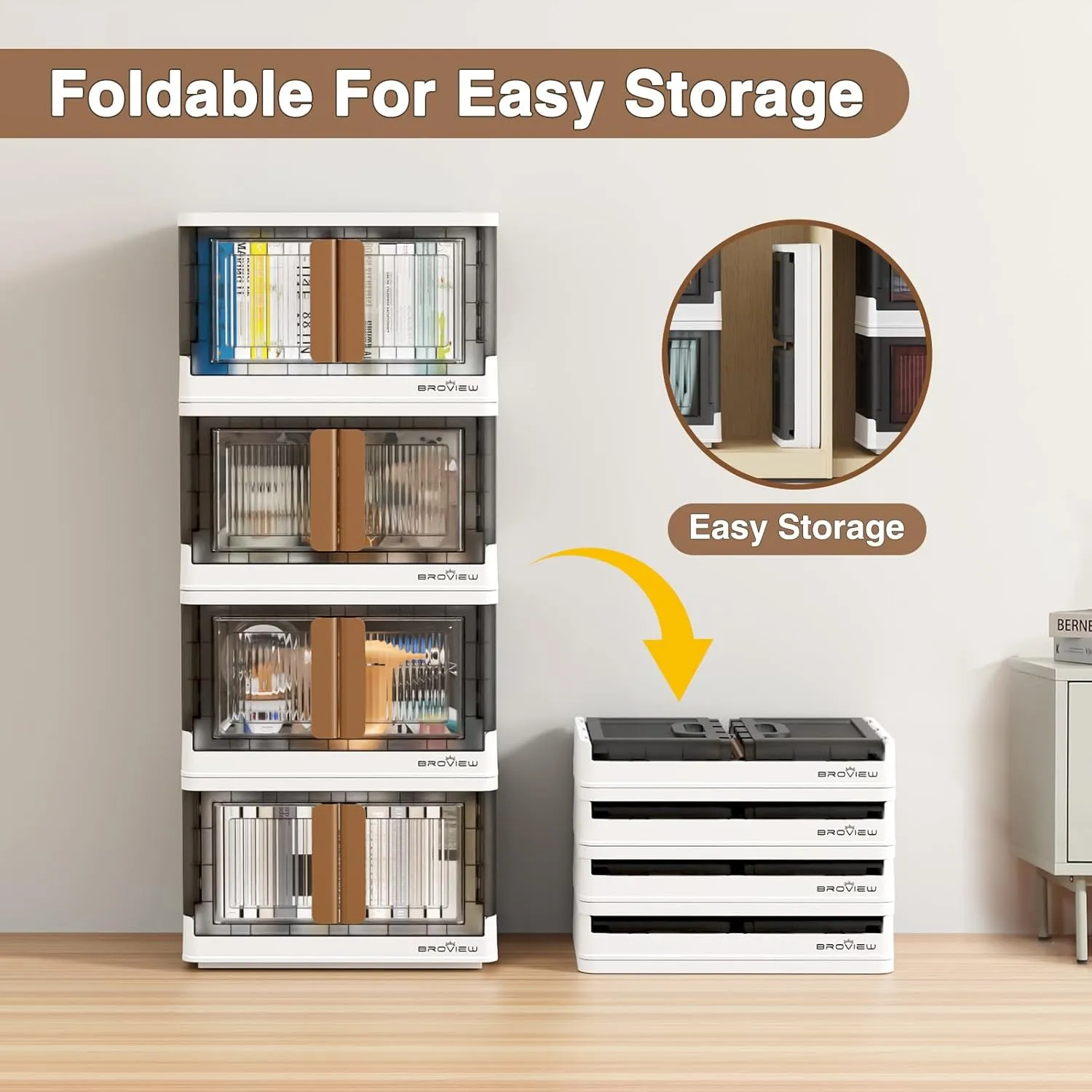 4Pack 176QT Total Plastic Storage Bins With Lids, 44Gal Total Stackable Containers With Wheels, Folding Closet Organizers, Collapsible Cabinet with Doors for Closet Home Dorm, V6 Brown